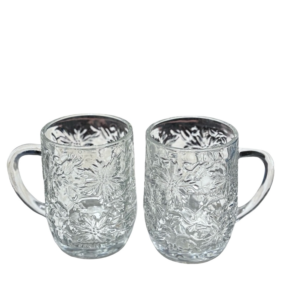 Vintage Pressed Glass Floral Mugs Set of 2 Clear Embossed Coffee Cups